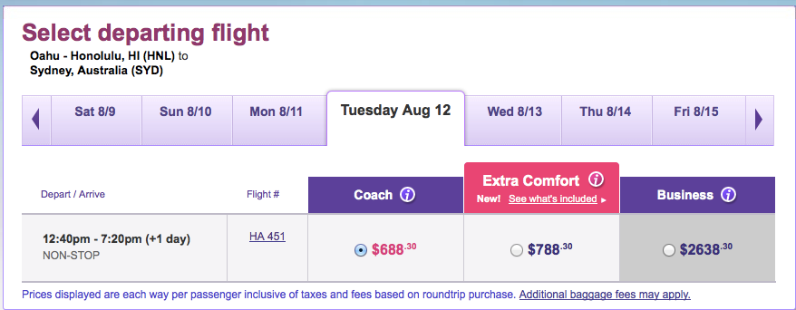 Seats on the HNL-SYD route are going for $100 each way.