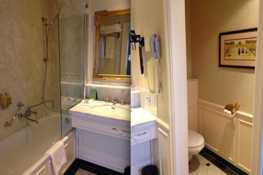 Two views of the bathroom at the Hotel Stanhope, Brussels