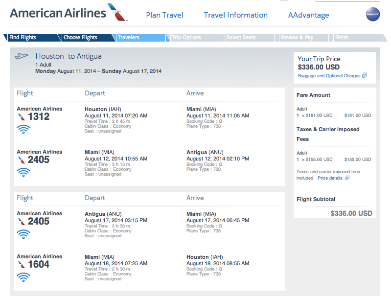 IAH-MIA-ANU on American Airlines, August 11-17, 2014 for $336