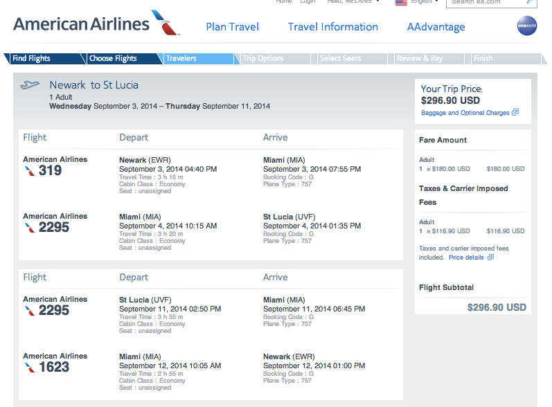 EWR-MIA-UVF - September 3-11, 2014 on American for $296.90