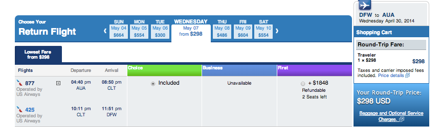American with US Airways-operated planes - DFW-CLT-AUA-CLT-DFW - April 30-May 7, 2014 for $298