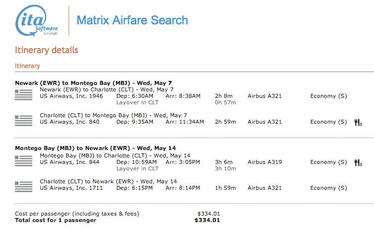 EWR-MBJ - May 7-14, 2014 on US Airways (as found on ITA Matrix) for $334.01