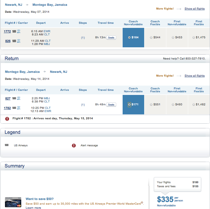 EWR-MBJ - May 7-14, 2014 - found on US Airways' site for $335