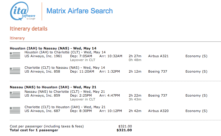 IAH-NAS - May 14-21, 2014 on US Airways via ITA Matrix - $321