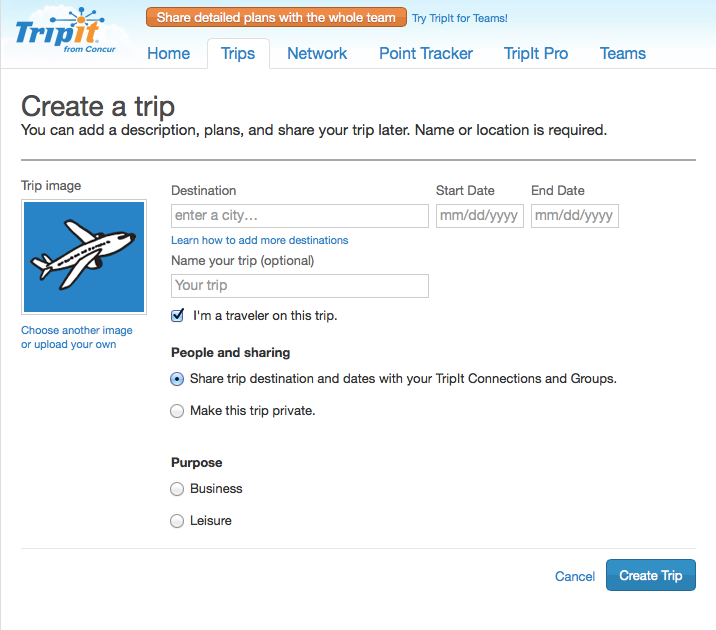 Create a Trip to track flights, hotel stays and activities.