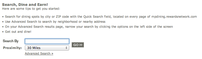 Search fields on each page of the MileagePlus Dining Program allow you to find participating restaurants near you