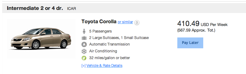 Weekly booking of a mid-size Toyota Corolla (July 25-August 1) with pick-up/drop-off at BOS - without the double rewards promo code 