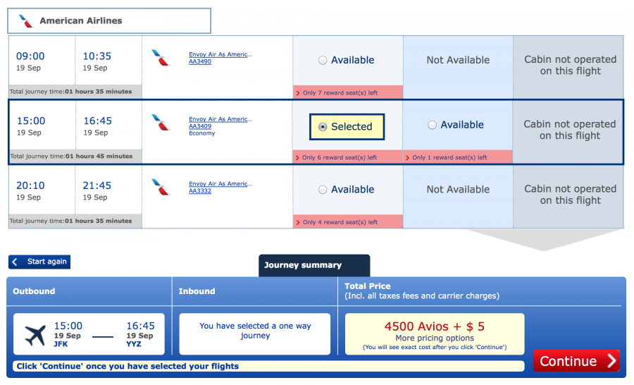 Using British Airways Avios for New York-Toronto is still only 4,500 avios each eay.