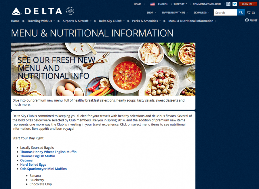 The new online menu for Delta Sky Clubs includes links with nutrition information.