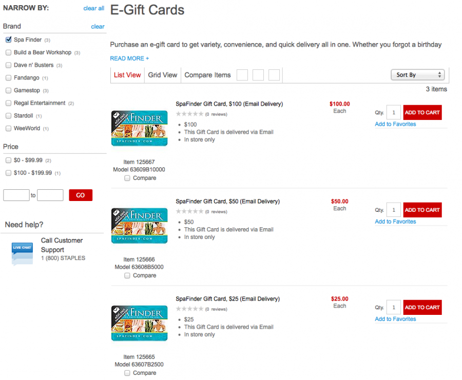 Staples has SpaFinder eGift cards available for you to purchase online.