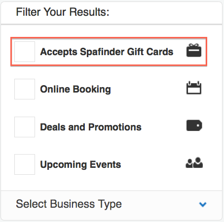 SpaFinder gift card filter