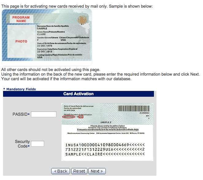 The GOES site's visual instructions for activating your Global Entry card