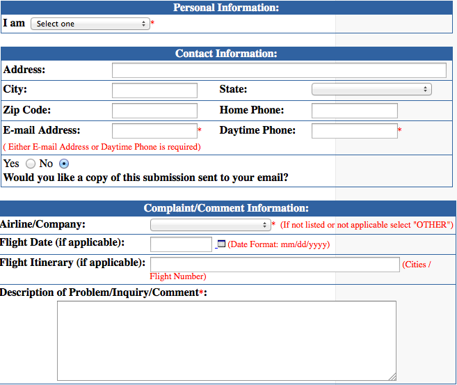 The form for filing a complaint with the DOT is the same for service issues as well as examples of discrimination.