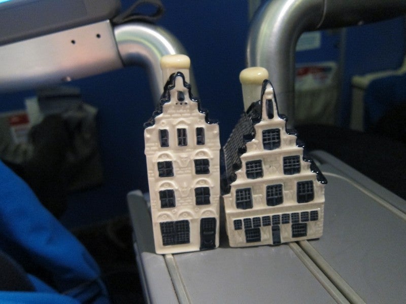 KLM's famous Delft Blue buildings filled with Dutch genever gin--the ultimate business class amenity!