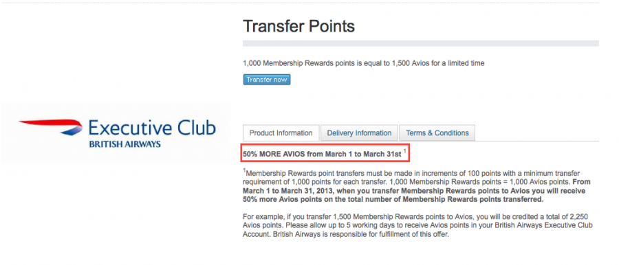 From now through March 31, there's a 50% bonus on transfers to British Airways.
