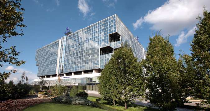 The Hilton Prague Hotel occupies a boxy glass structure in the Old Town.