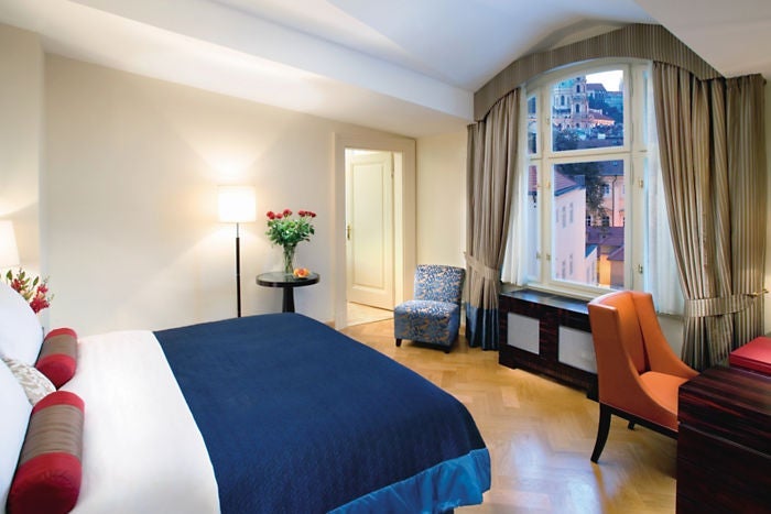 Premier castle view king guest room at the Mandarin Oriental, Prague.