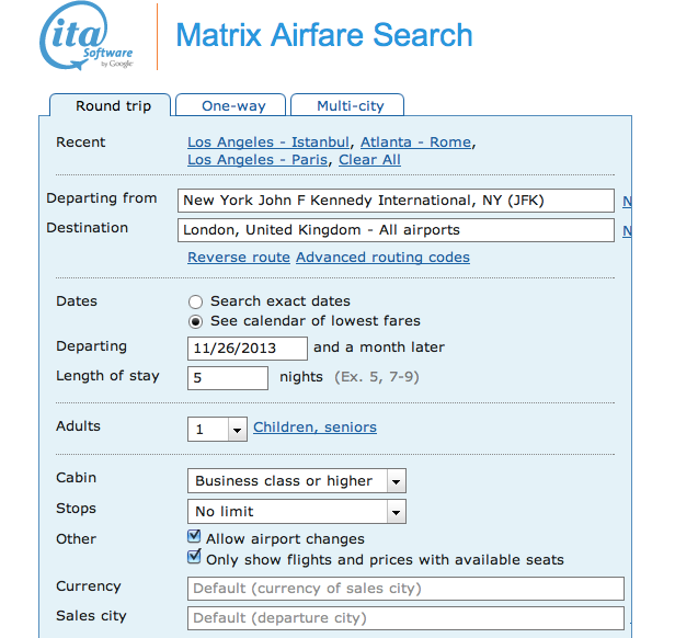 ITA Flight Matrix JFK-London