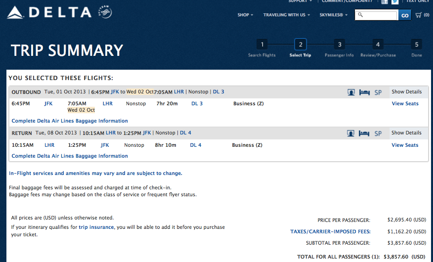 Delta biz ticket