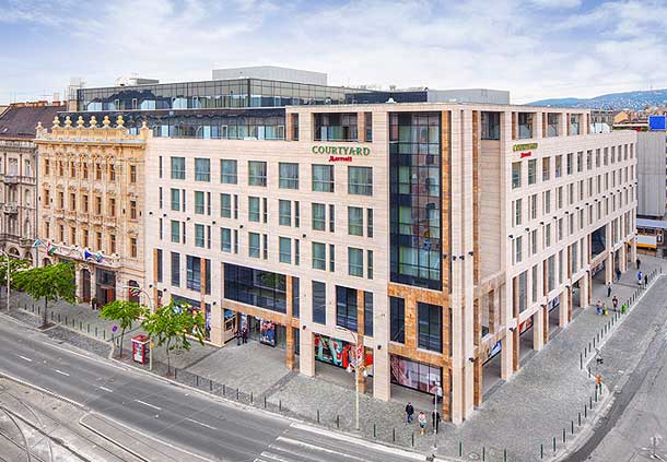 The 235-room Courtyard Budapest City Center hotel is located on Blaha Lujza Square.