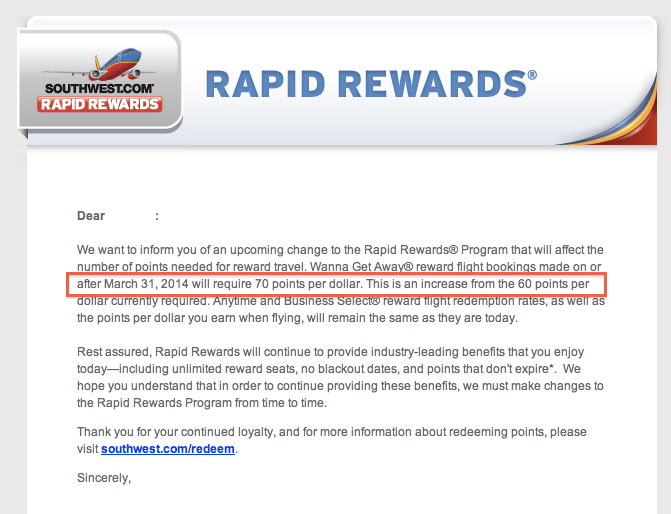 Southwest will be devaluing Wanna Get Away redemptions March 31.