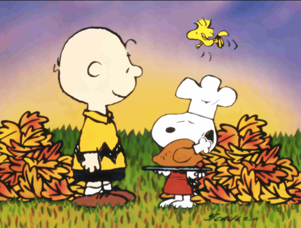 Charlie Brown and Snoopy celebrate Thanksgiving, but remember that if you travel internationally then they won't be serving turkey dinner.