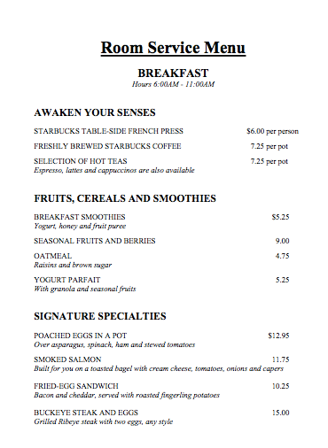 Sometimes the room service menu is hard to find.