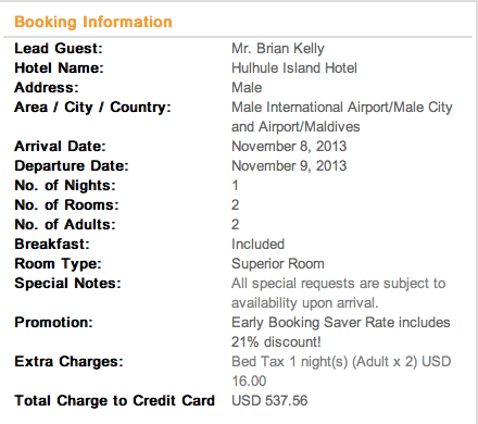 Hulhule Hotel receipt
