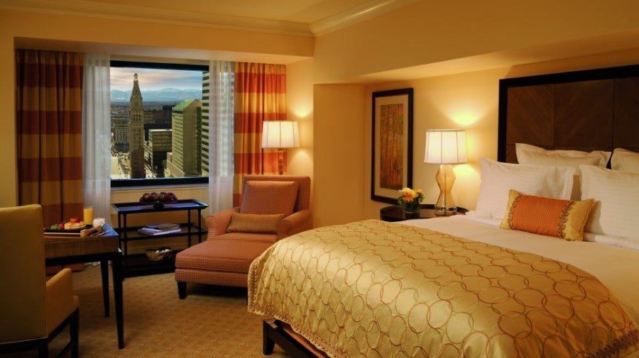 A guestroom with a view at the Ritz Carlton Denver.