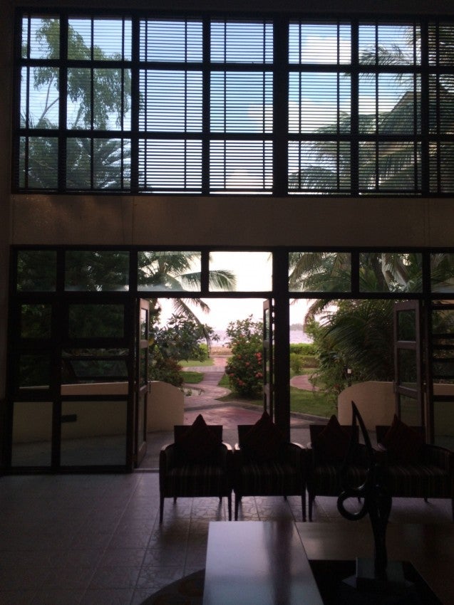 The bright Hulhule Hotel Lobby.