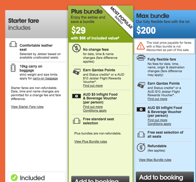 Jetstar's fare bundles.