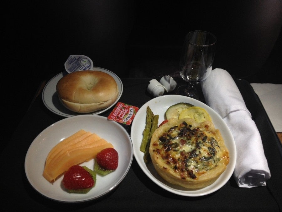 The turkey bacon quiche with grilled veggies and fruit.