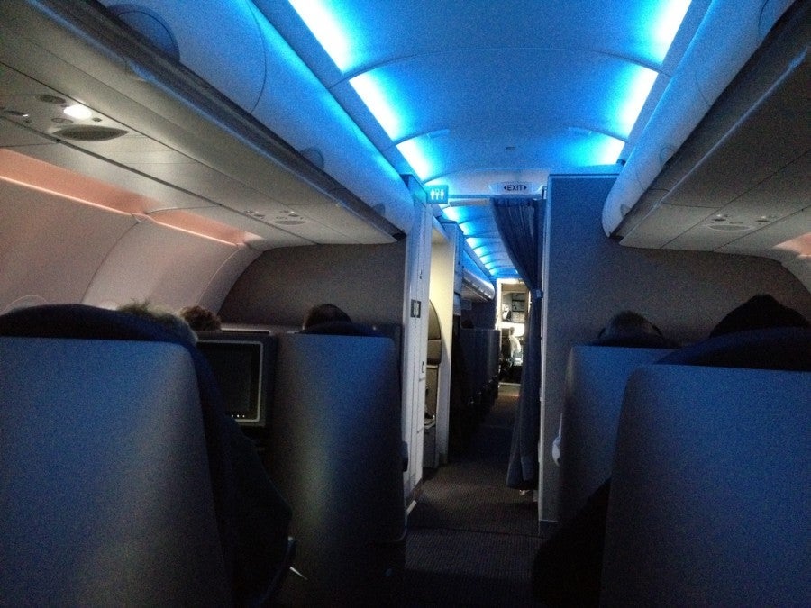 The business class cabin in-flight.