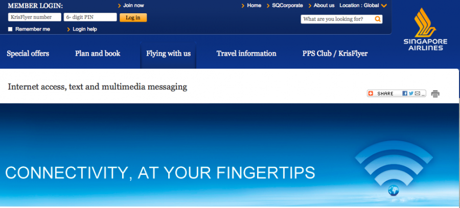 Singapore Airlines offers WifI on its