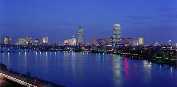 The Boston skyline at night, seen from the Hyatt Regency Cambridge