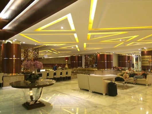 Angular lighting accents brought a modern touch to the lobby.