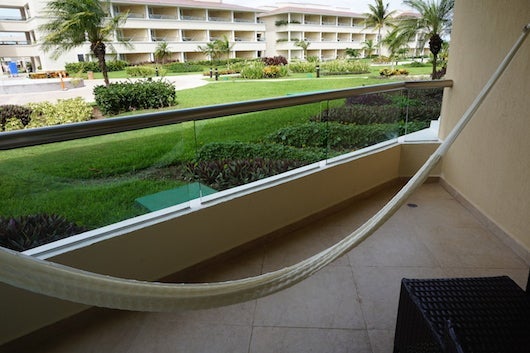 The ground level courtyard view from the spacious patio with hammock