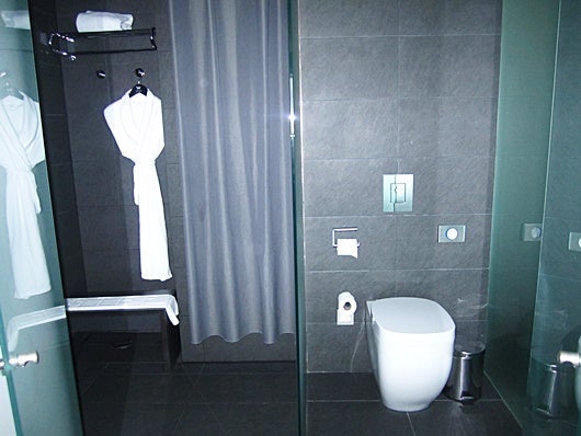 The shower and toilet separated by a glass wall