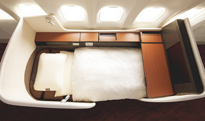 JAL's suite seats recline to a bed that's almost 80 inches long.