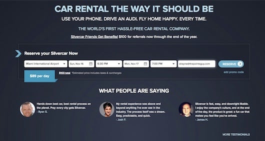 The homepage for making reservations with SilverCar.