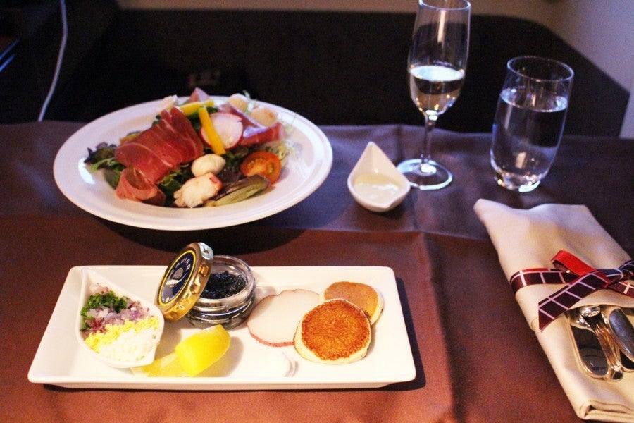 The snack option includes a lobster-proscuitto salad—and, of course, caviar