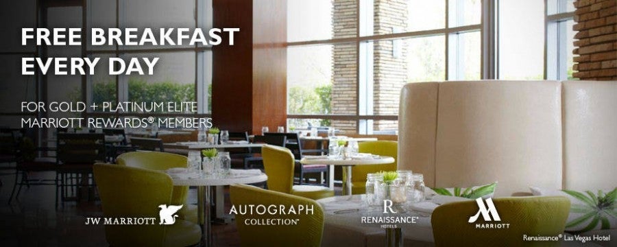 Get free breakfast at the Marriott if you are Gold or Platinum Elite member