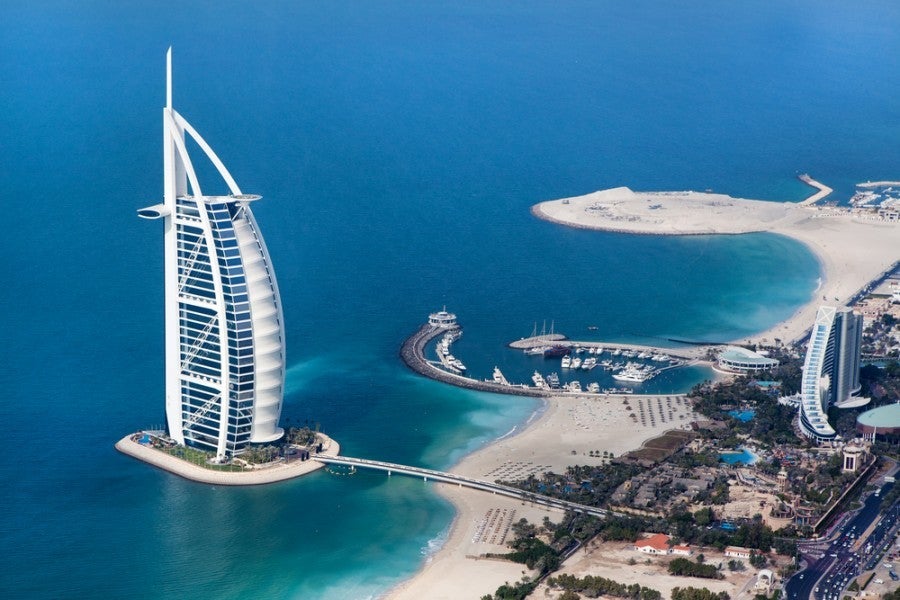 Dubai's iconic, sail-shaped and seven-star Burj al Arab.  Photo courtesy of Shutterstock. 
