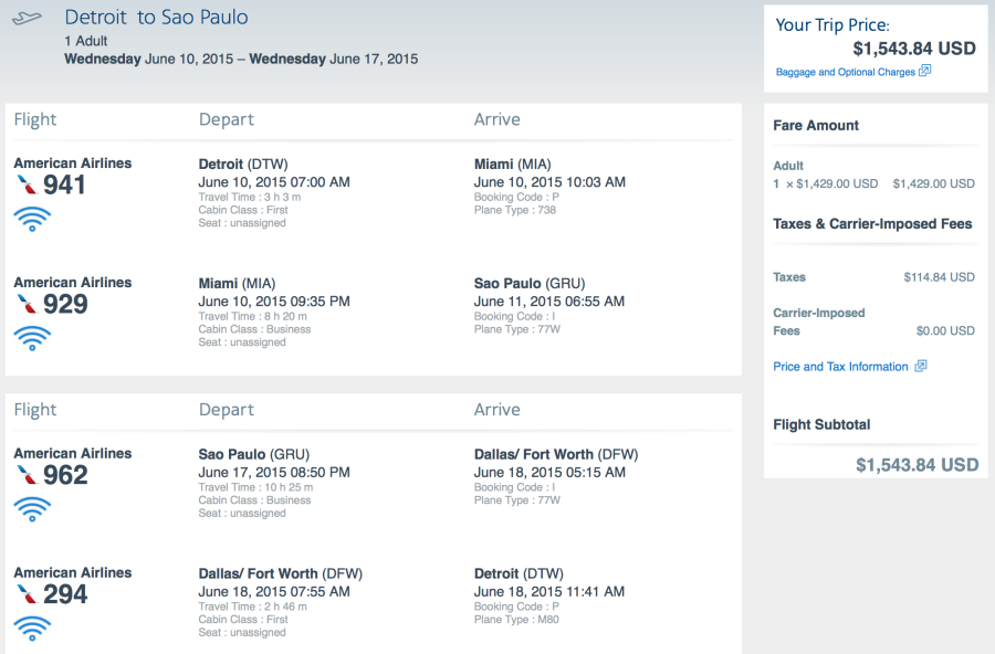 Fly from Detroit to Sao Paulo on American for $1,543 r/t in Business Class. 