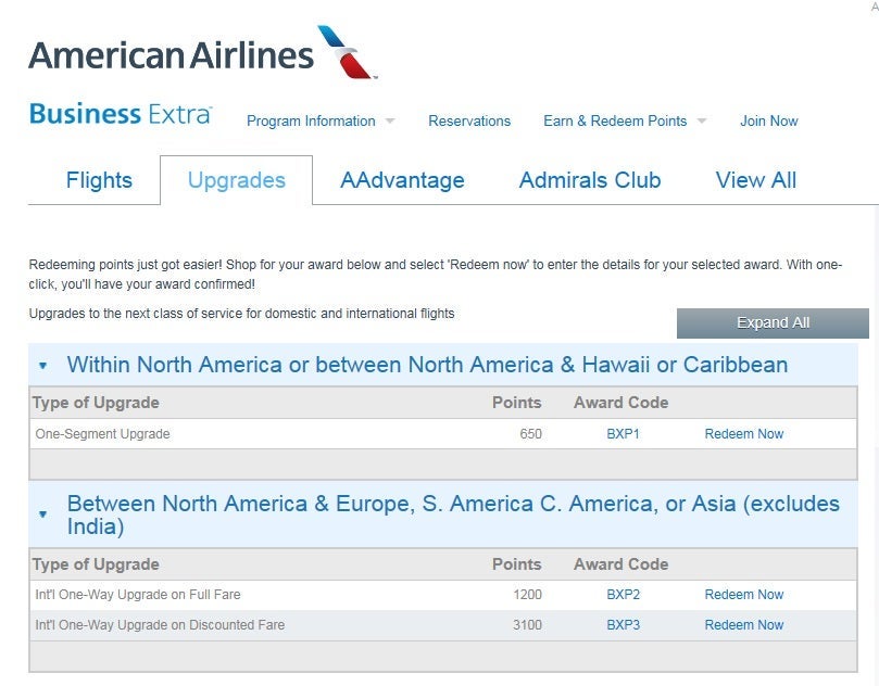 Upgrades using Business Extra start at 650 points for one segment in North America, Hawaii, or the Caribbean.