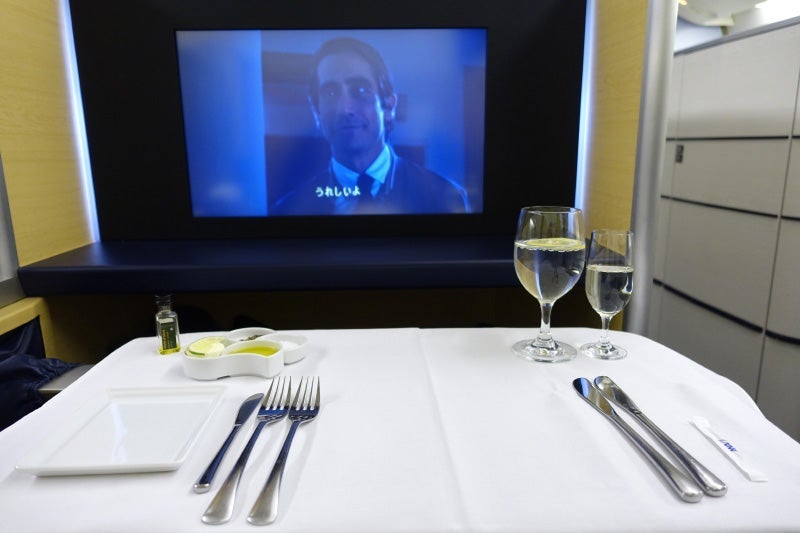 ANA's first-class meal service is a very formal affair.