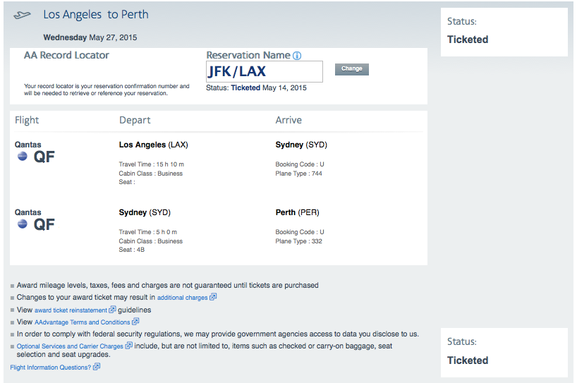 My business-class award from LA to Perth via Sydney came to 56,250 miles and $43 in taxes/fees.