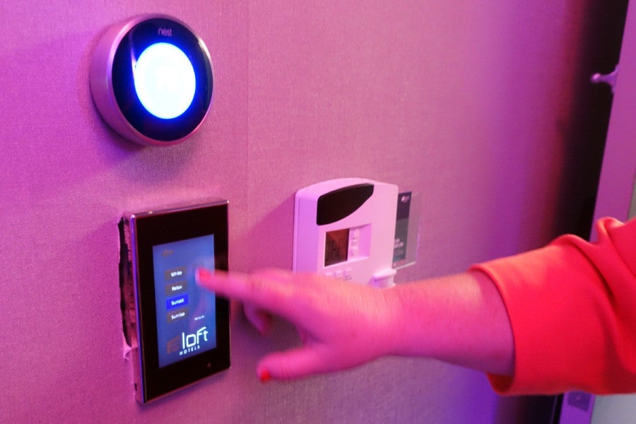In this demo Four Points by Sheraton room, smartphone (and in-wall) lighting controls enhance the experience.