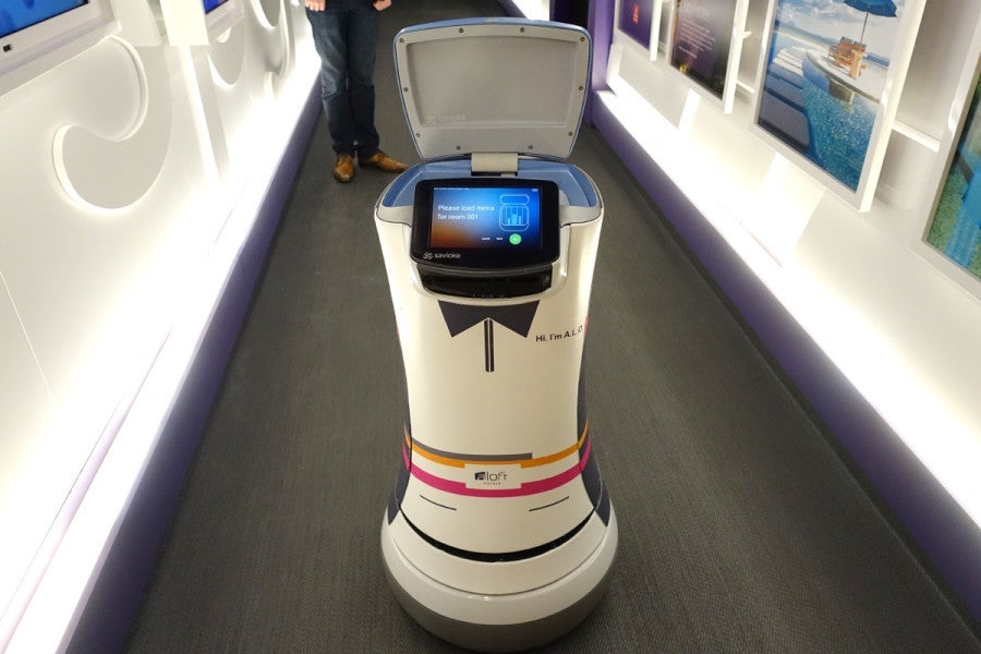 SPG's Botlr robot butler will bring you snacks and necessities, such as a shaving kit or toothbrush.