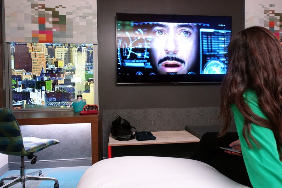 Starwood may roll out larger TVs, such as this model in a demo Aloft room.
